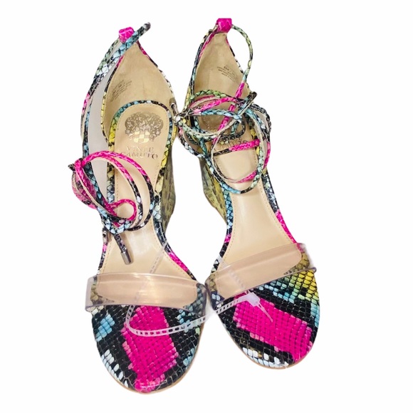 NWOB Vince Camuto Stassia Snake Print Leather Clear Ankle Tie Wedge Sandals - Picture 6 of 8